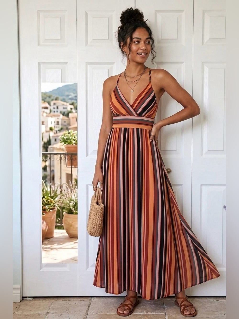 Warehouse Striped V-Neck Maxi Dress in Rust Multi